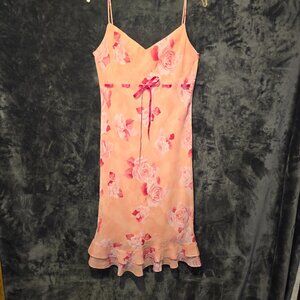 From the 90's Scartlet Pink with Red Roses Sheer Speghrttis Strap Dress Size 7/8
